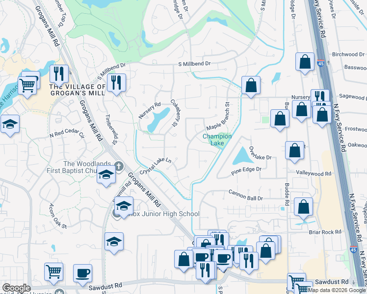 map of restaurants, bars, coffee shops, grocery stores, and more near 31 Maple Branch Street in Spring