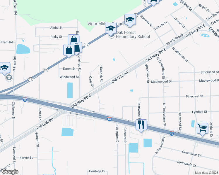 map of restaurants, bars, coffee shops, grocery stores, and more near 1850 East Railroad in Vidor
