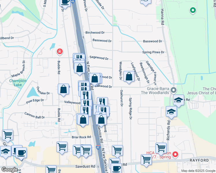 map of restaurants, bars, coffee shops, grocery stores, and more near Oakwood Drive in Montgomery County