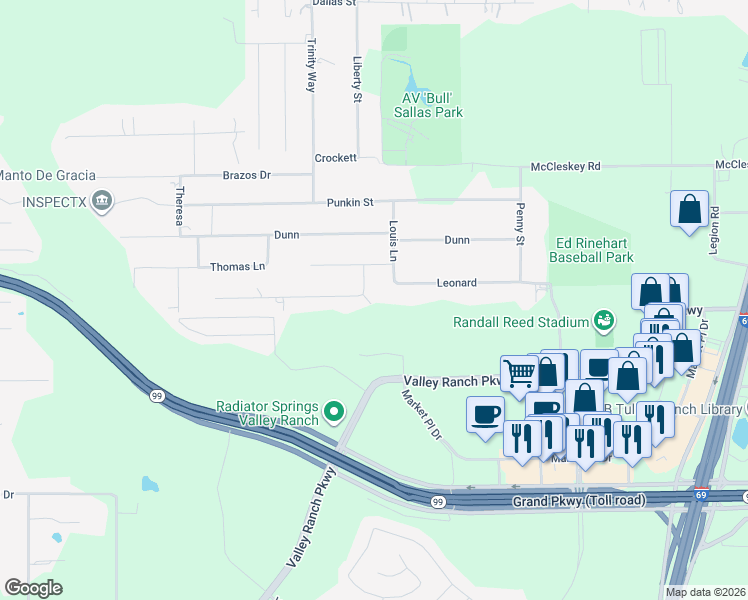 map of restaurants, bars, coffee shops, grocery stores, and more near 21406 South Street in New Caney