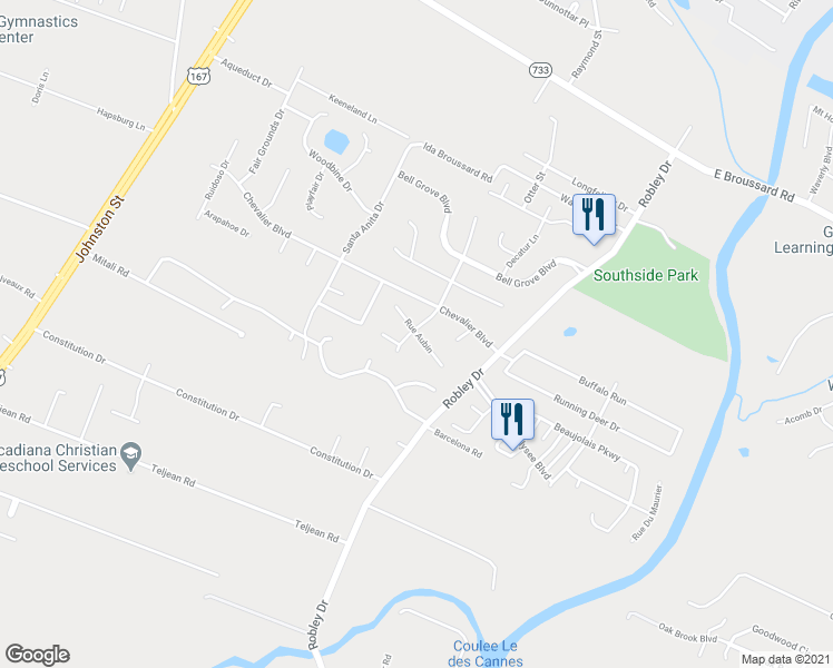 map of restaurants, bars, coffee shops, grocery stores, and more near 122 Rue Aubin in Lafayette