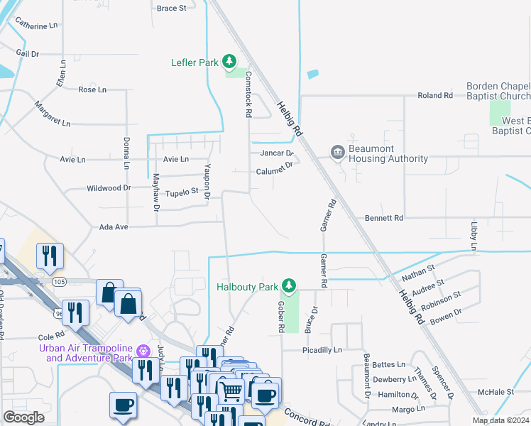map of restaurants, bars, coffee shops, grocery stores, and more near 4590 Glen Oaks Circle in Beaumont