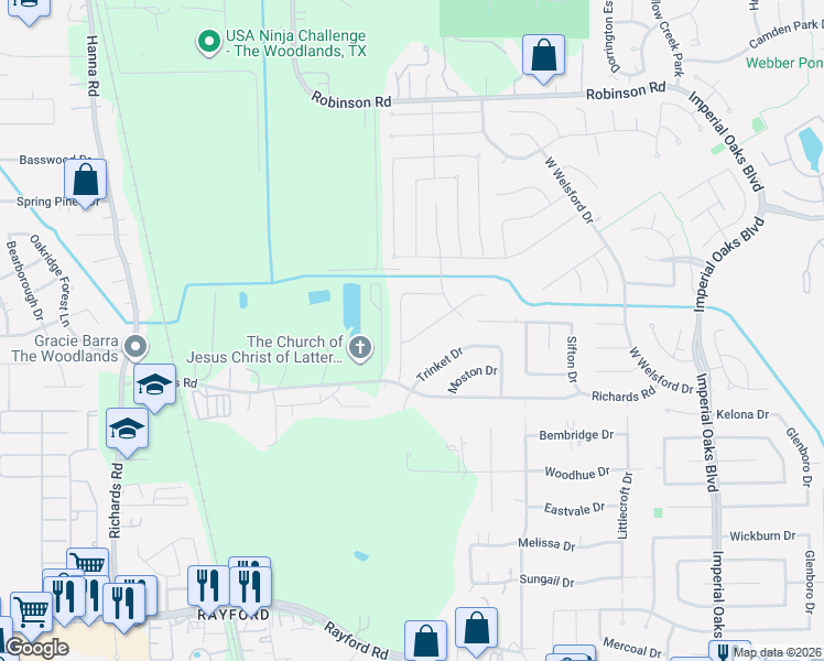 map of restaurants, bars, coffee shops, grocery stores, and more near 30903 North Head Drive in Spring