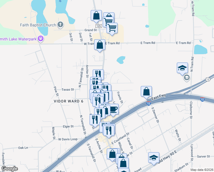 map of restaurants, bars, coffee shops, grocery stores, and more near 108 Lowe Street in Vidor