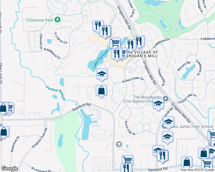 map of restaurants, bars, coffee shops, grocery stores, and more near 2715 Echo Street in Spring
