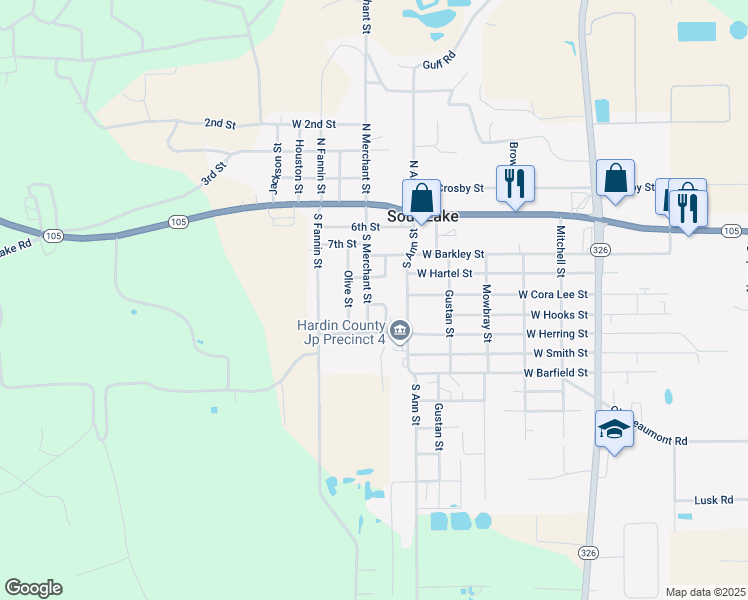 map of restaurants, bars, coffee shops, grocery stores, and more near 401-457 S Merchant St in Sour Lake
