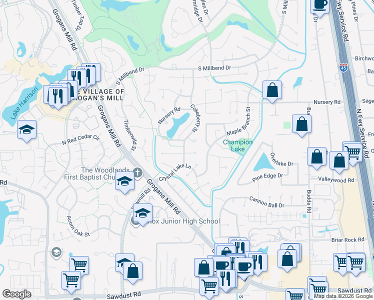map of restaurants, bars, coffee shops, grocery stores, and more near 19 Berryfrost Lane in Spring