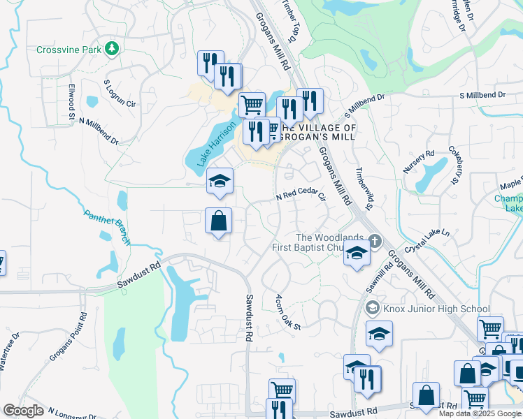 map of restaurants, bars, coffee shops, grocery stores, and more near 11812 South Red Cedar Circle in Spring