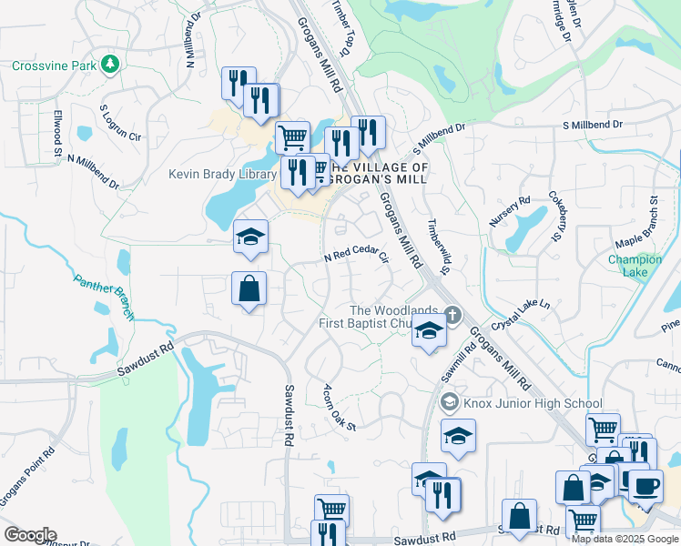 map of restaurants, bars, coffee shops, grocery stores, and more near 1104 East Red Cedar Circle in Spring