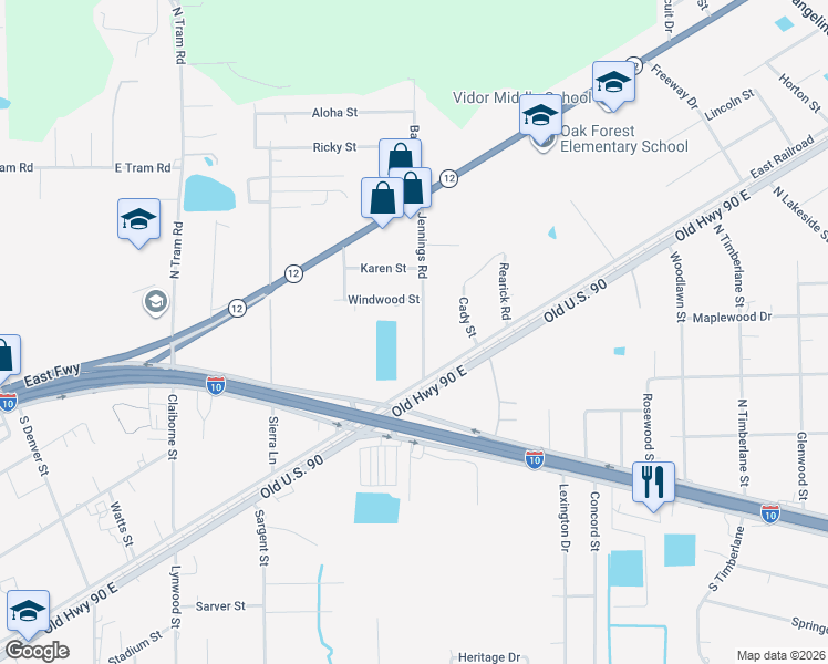 map of restaurants, bars, coffee shops, grocery stores, and more near 215 Jennings Road in Vidor