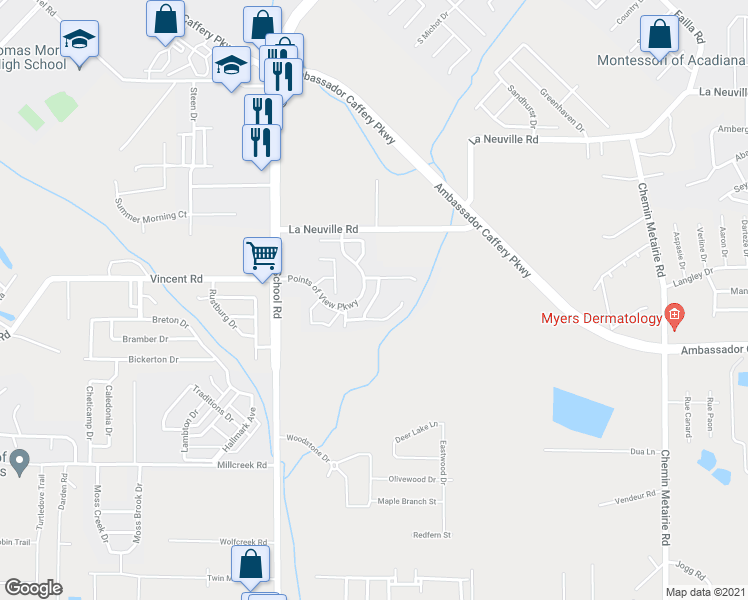 map of restaurants, bars, coffee shops, grocery stores, and more near 107 Copperwood Crossing in Lafayette