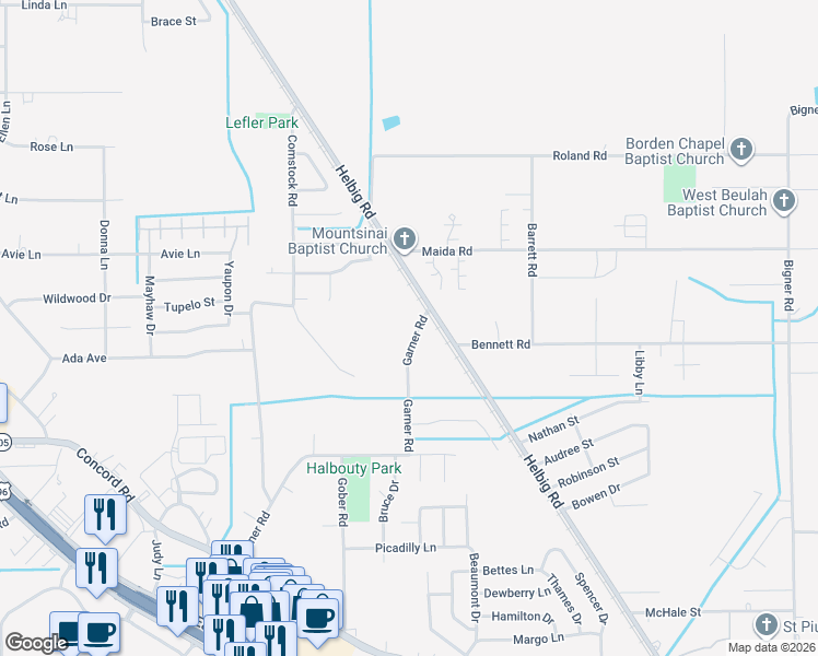 map of restaurants, bars, coffee shops, grocery stores, and more near 6195 Garner Road in Beaumont
