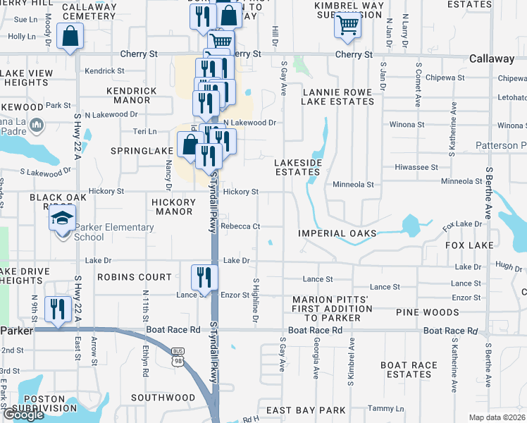 map of restaurants, bars, coffee shops, grocery stores, and more near 507 South Highline Drive in Panama City