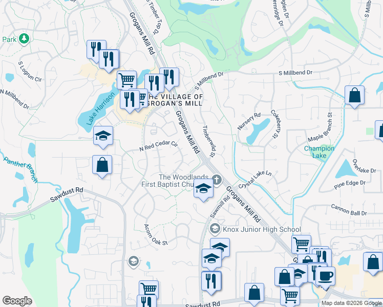 map of restaurants, bars, coffee shops, grocery stores, and more near 11523 Timberwild Street in Spring