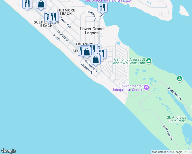 map of restaurants, bars, coffee shops, grocery stores, and more near 4810 Spyglass Drive in Panama City