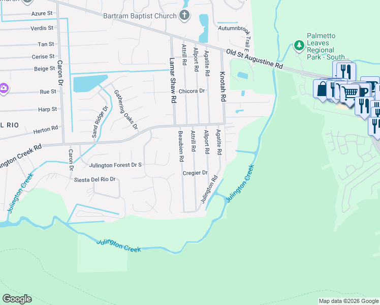 map of restaurants, bars, coffee shops, grocery stores, and more near 12689 Attrill Road in Jacksonville