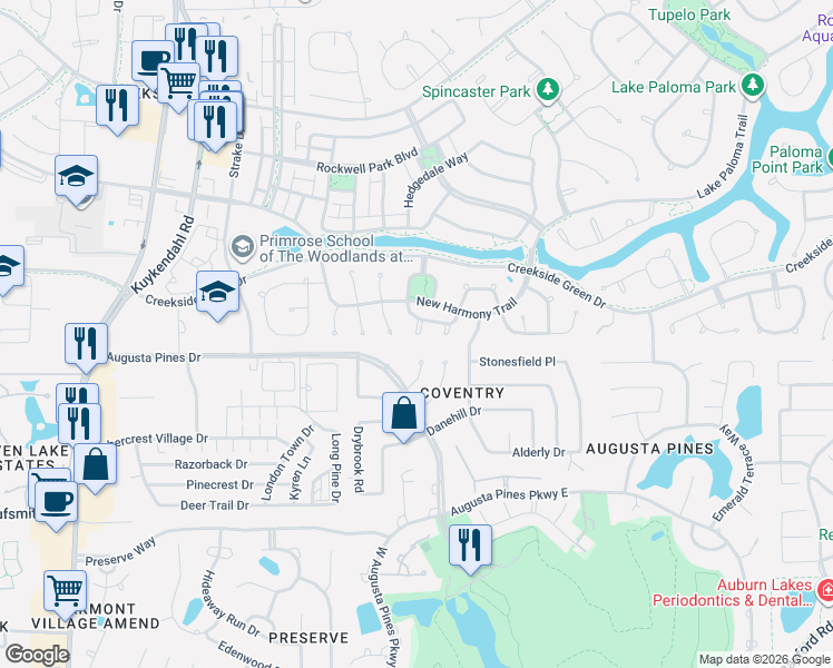 map of restaurants, bars, coffee shops, grocery stores, and more near 59 Deer River Circle in Spring