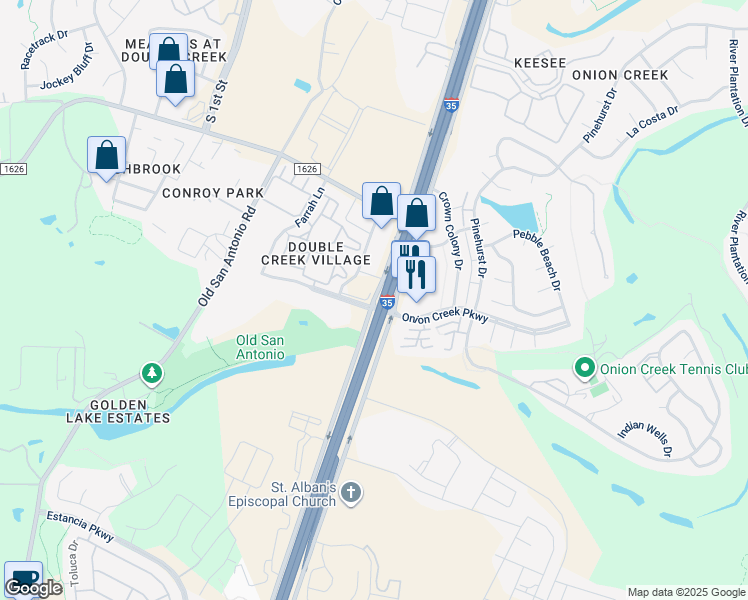 map of restaurants, bars, coffee shops, grocery stores, and more near 11336 South Interstate 35 Frontage Road in Austin