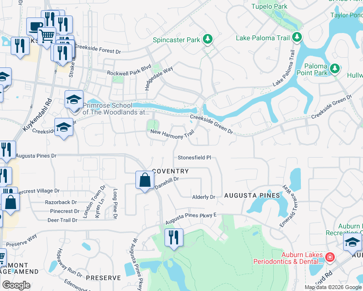 map of restaurants, bars, coffee shops, grocery stores, and more near 26108 Brickhill Drive in Spring