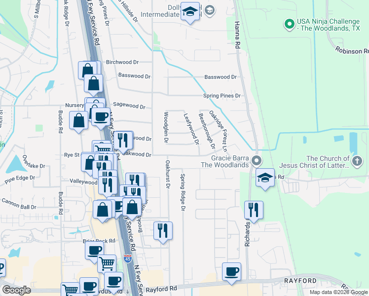 map of restaurants, bars, coffee shops, grocery stores, and more near 403 Crossbow Drive in Spring
