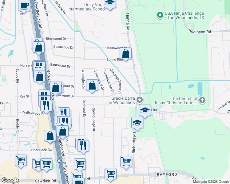map of restaurants, bars, coffee shops, grocery stores, and more near 25802 Bearborough Drive in Spring