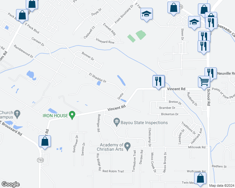 map of restaurants, bars, coffee shops, grocery stores, and more near 528 El Shaddai Drive in Lafayette