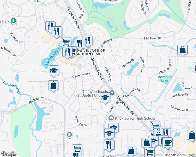 map of restaurants, bars, coffee shops, grocery stores, and more near 11523 Timberwild Street in Spring