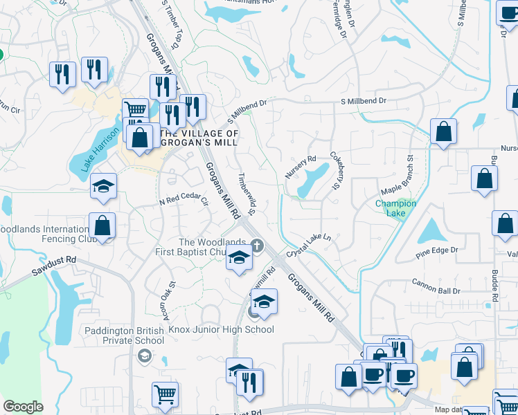 map of restaurants, bars, coffee shops, grocery stores, and more near 1902 Old Field Place in Spring