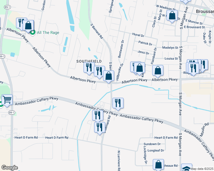 map of restaurants, bars, coffee shops, grocery stores, and more near 500 Albertson Parkway in Broussard
