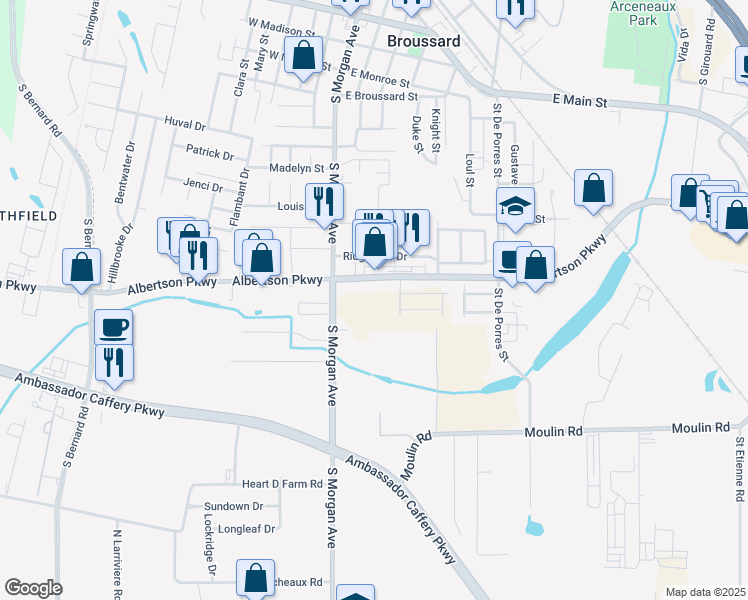 map of restaurants, bars, coffee shops, grocery stores, and more near 807 Albertson Pkwy in Broussard
