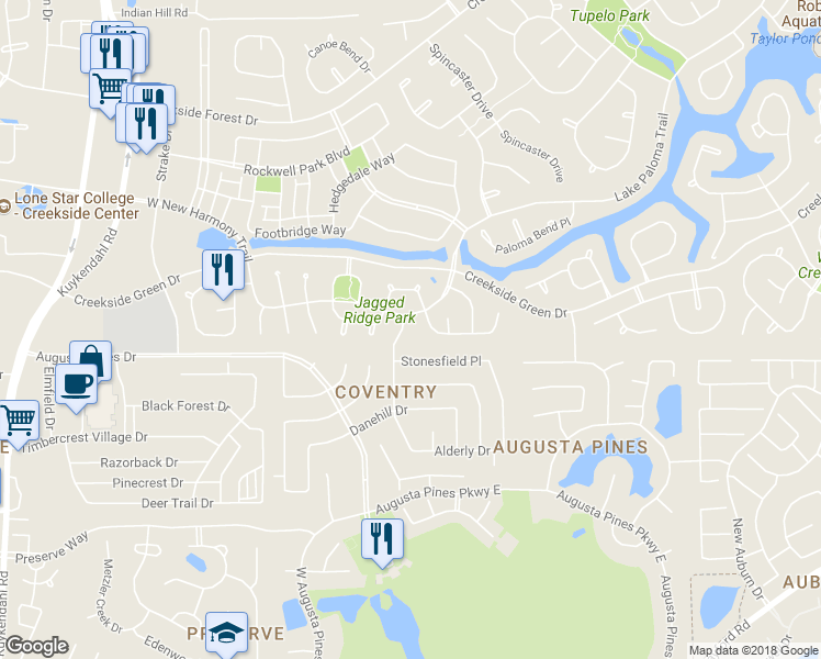 map of restaurants, bars, coffee shops, grocery stores, and more near 26114 Brickhill Drive in Spring