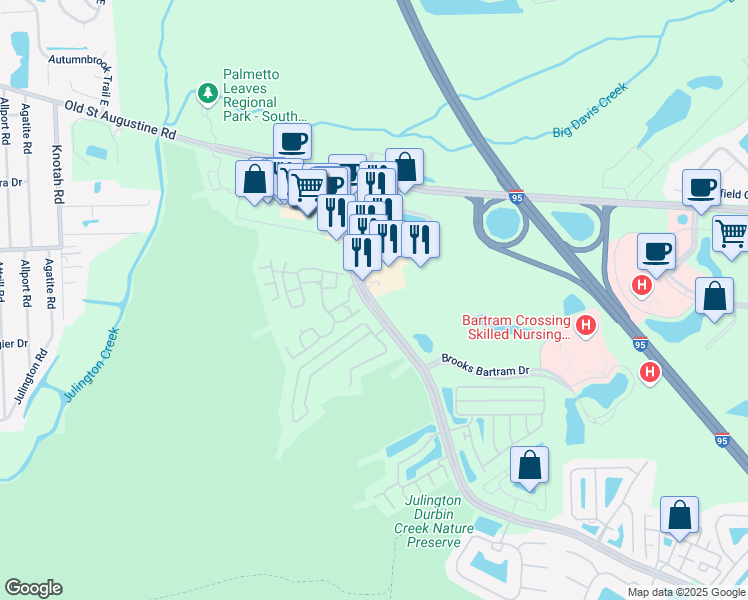 map of restaurants, bars, coffee shops, grocery stores, and more near 12751 Bartram Park Boulevard in Jacksonville