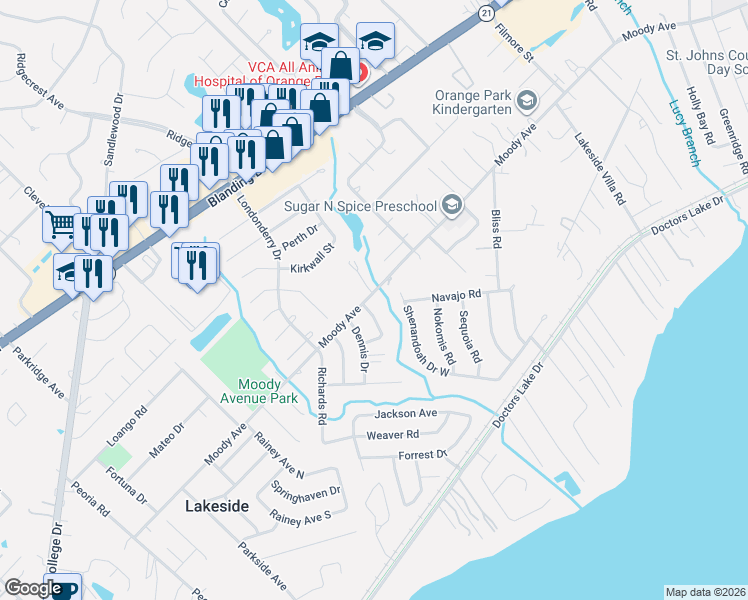 map of restaurants, bars, coffee shops, grocery stores, and more near 3322 Moody Avenue in Orange Park