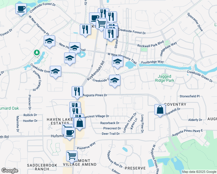 map of restaurants, bars, coffee shops, grocery stores, and more near 8455 Creekside Green Drive in The Woodlands