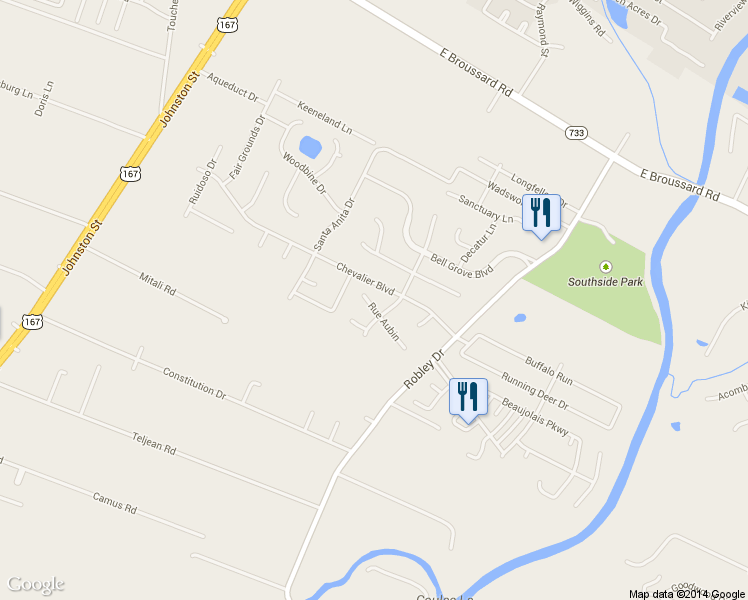 map of restaurants, bars, coffee shops, grocery stores, and more near 206 Rue Aubin in Lafayette