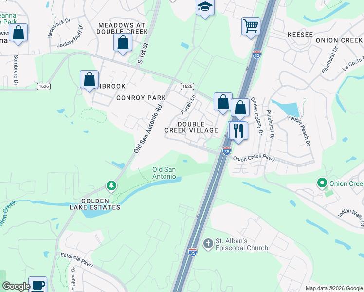 map of restaurants, bars, coffee shops, grocery stores, and more near 1901 Onion Creek Parkway in Austin