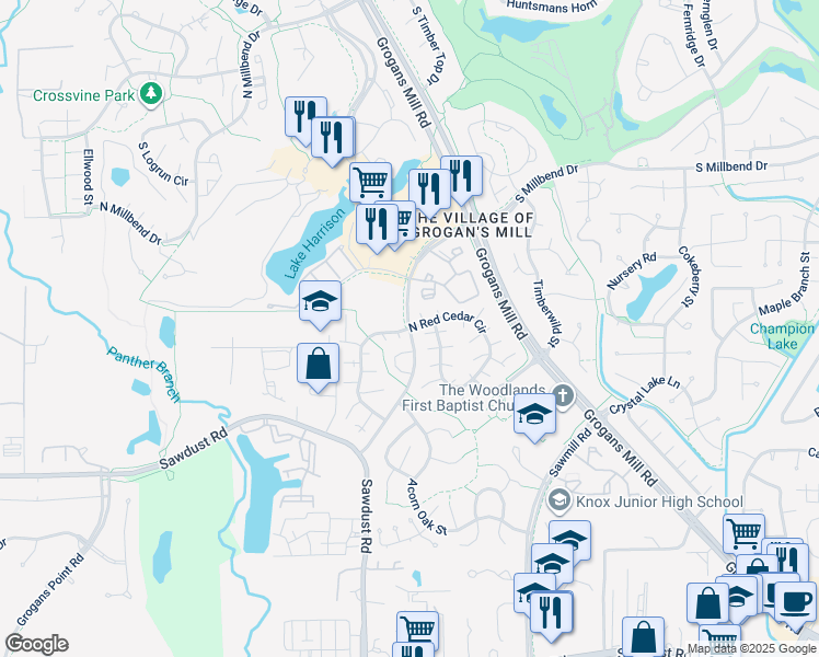 map of restaurants, bars, coffee shops, grocery stores, and more near 2403 South Millbend Drive in The Woodlands