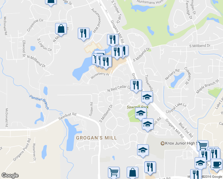 map of restaurants, bars, coffee shops, grocery stores, and more near 2415 South Millbend Drive in Spring