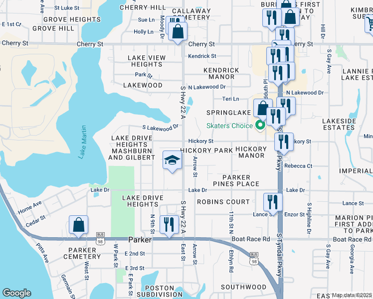 map of restaurants, bars, coffee shops, grocery stores, and more near 515 South Highway 22 A in Panama City