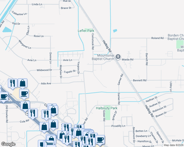 map of restaurants, bars, coffee shops, grocery stores, and more near 6230 Comstock Road in Beaumont