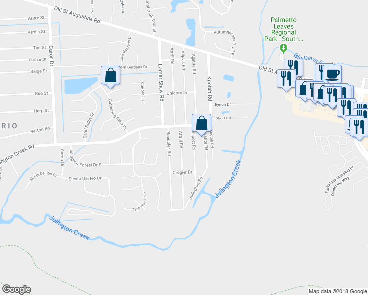map of restaurants, bars, coffee shops, grocery stores, and more near 12759 Attrill Road in Jacksonville