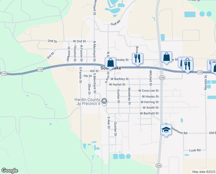 map of restaurants, bars, coffee shops, grocery stores, and more near 505-569 West Hartel Street in Sour Lake