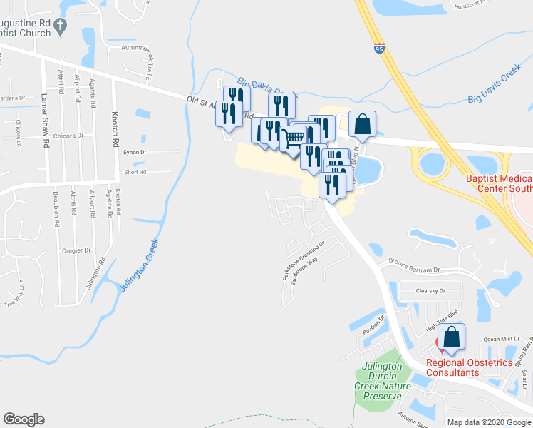 map of restaurants, bars, coffee shops, grocery stores, and more near 12700 Bartram Park Boulevard in Jacksonville