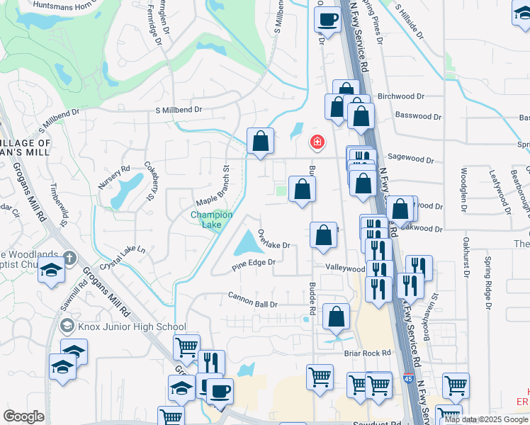 map of restaurants, bars, coffee shops, grocery stores, and more near 26014 Overlake Drive in Spring