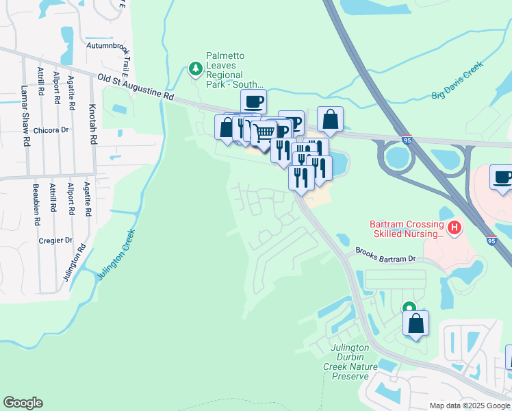 map of restaurants, bars, coffee shops, grocery stores, and more near 12700 Bartram Park Boulevard in Jacksonville