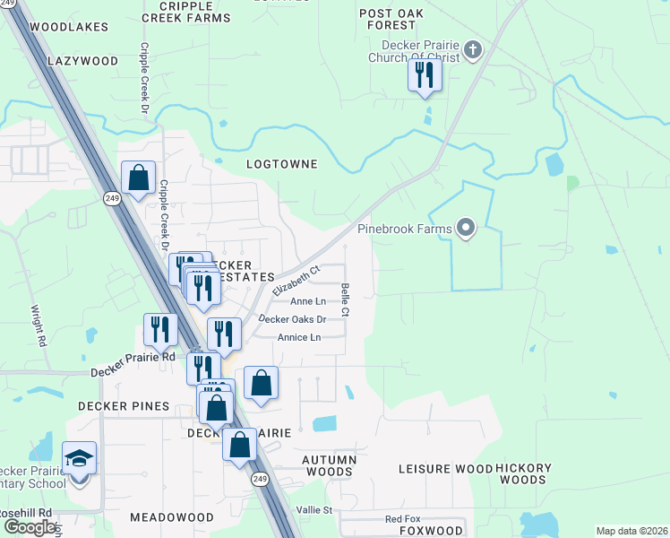 map of restaurants, bars, coffee shops, grocery stores, and more near 11711 Elizabeth Court in Pinehurst