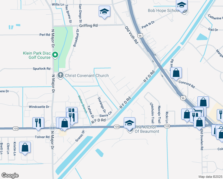 map of restaurants, bars, coffee shops, grocery stores, and more near 6460 Highpoint Avenue in Beaumont