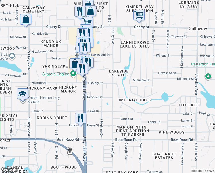 map of restaurants, bars, coffee shops, grocery stores, and more near 5820 Hickory Street in Panama City