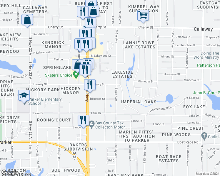 map of restaurants, bars, coffee shops, grocery stores, and more near 5820 Hickory Street in Panama City