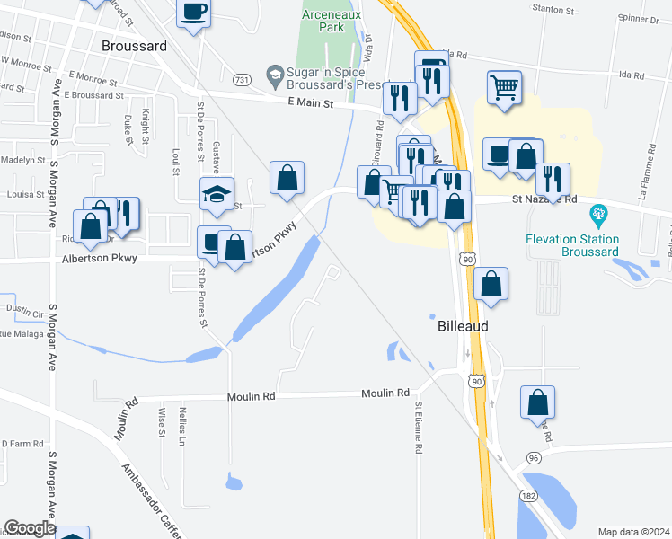 map of restaurants, bars, coffee shops, grocery stores, and more near 114 Fallow Lane in Broussard